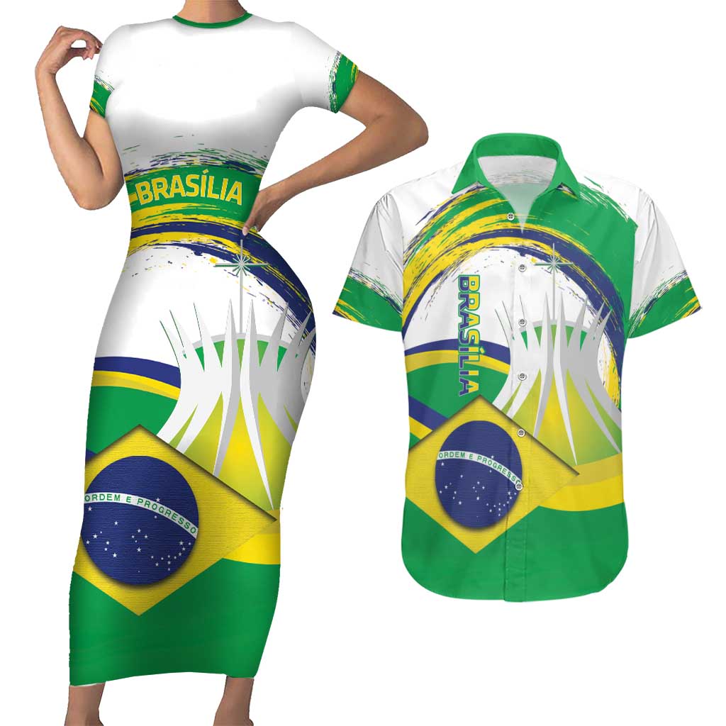 Brasilia Capital Couples Matching Short Sleeve Bodycon Dress and Hawaiian Shirt Brazil Flag Metropolitan Cathedral - Wonder Print Shop