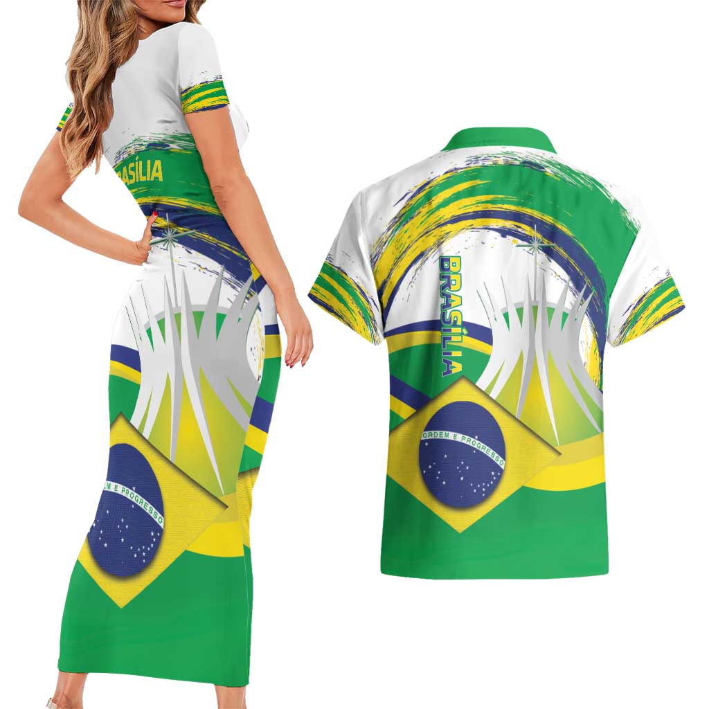 Brasilia Capital Couples Matching Short Sleeve Bodycon Dress and Hawaiian Shirt Brazil Flag Metropolitan Cathedral - Wonder Print Shop