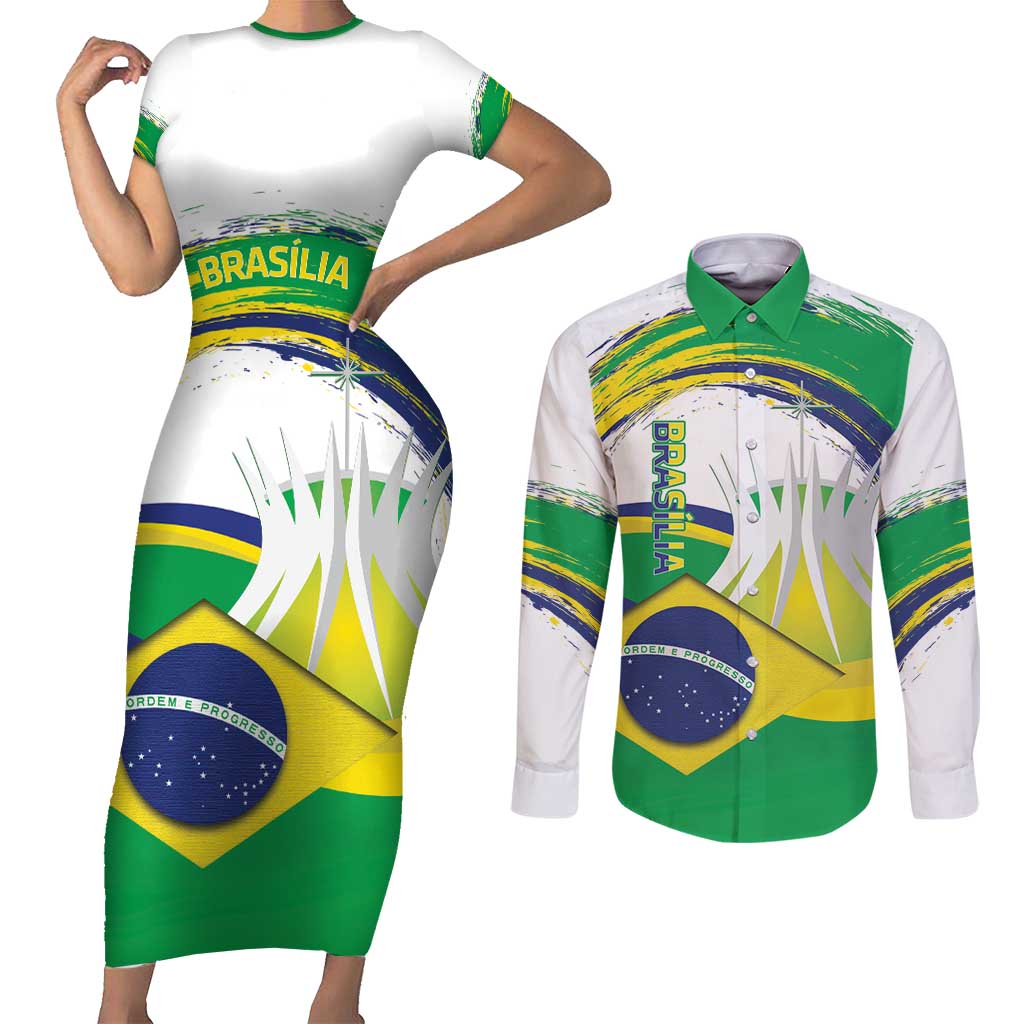 Brasilia Capital Couples Matching Short Sleeve Bodycon Dress and Long Sleeve Button Shirt Brazil Flag Metropolitan Cathedral - Wonder Print Shop
