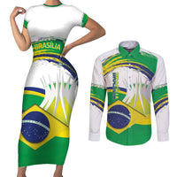 Brasilia Capital Couples Matching Short Sleeve Bodycon Dress and Long Sleeve Button Shirt Brazil Flag Metropolitan Cathedral - Wonder Print Shop