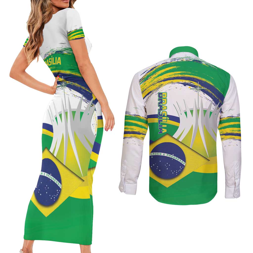 Brasilia Capital Couples Matching Short Sleeve Bodycon Dress and Long Sleeve Button Shirt Brazil Flag Metropolitan Cathedral - Wonder Print Shop