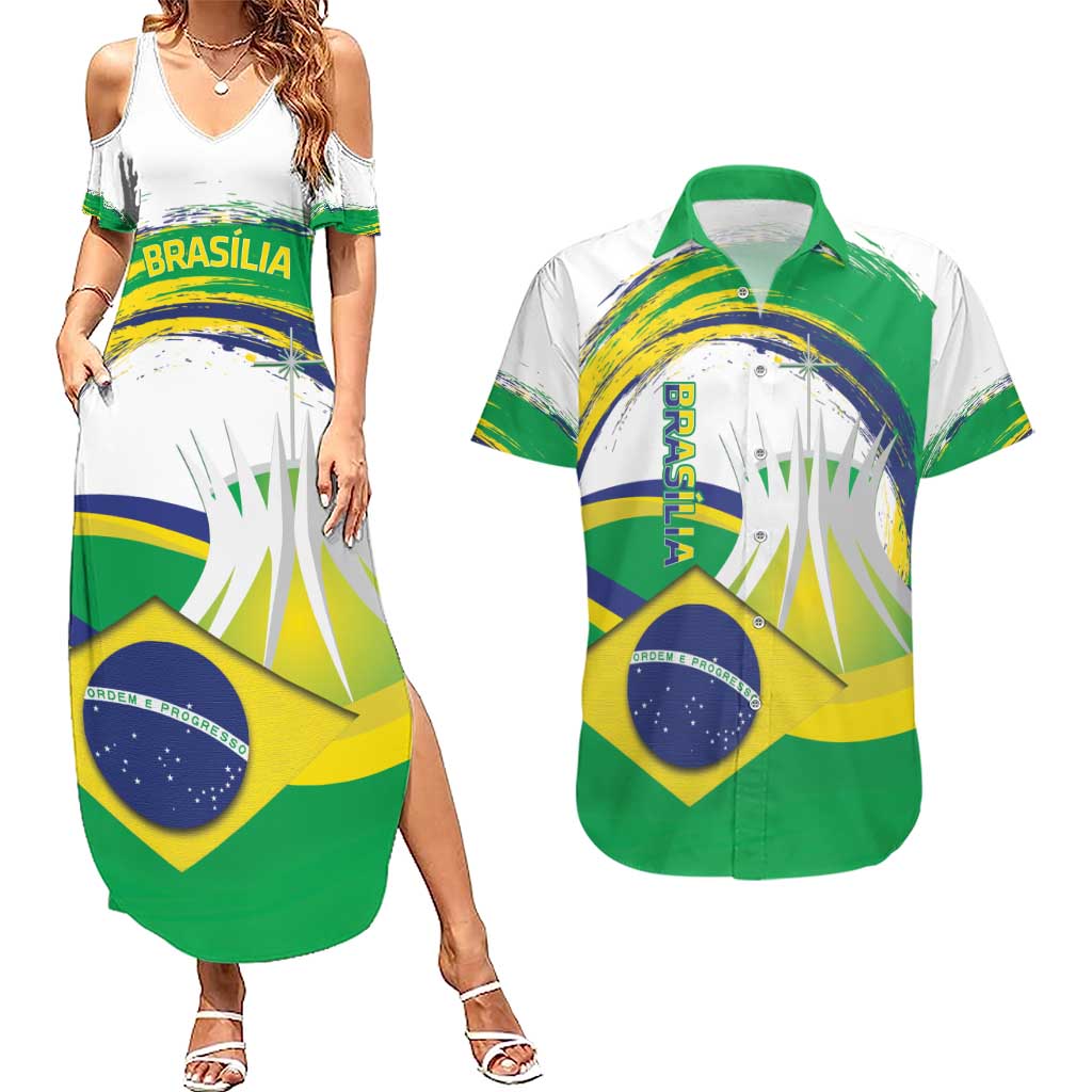 Brasilia Capital Couples Matching Summer Maxi Dress and Hawaiian Shirt Brazil Flag Metropolitan Cathedral - Wonder Print Shop