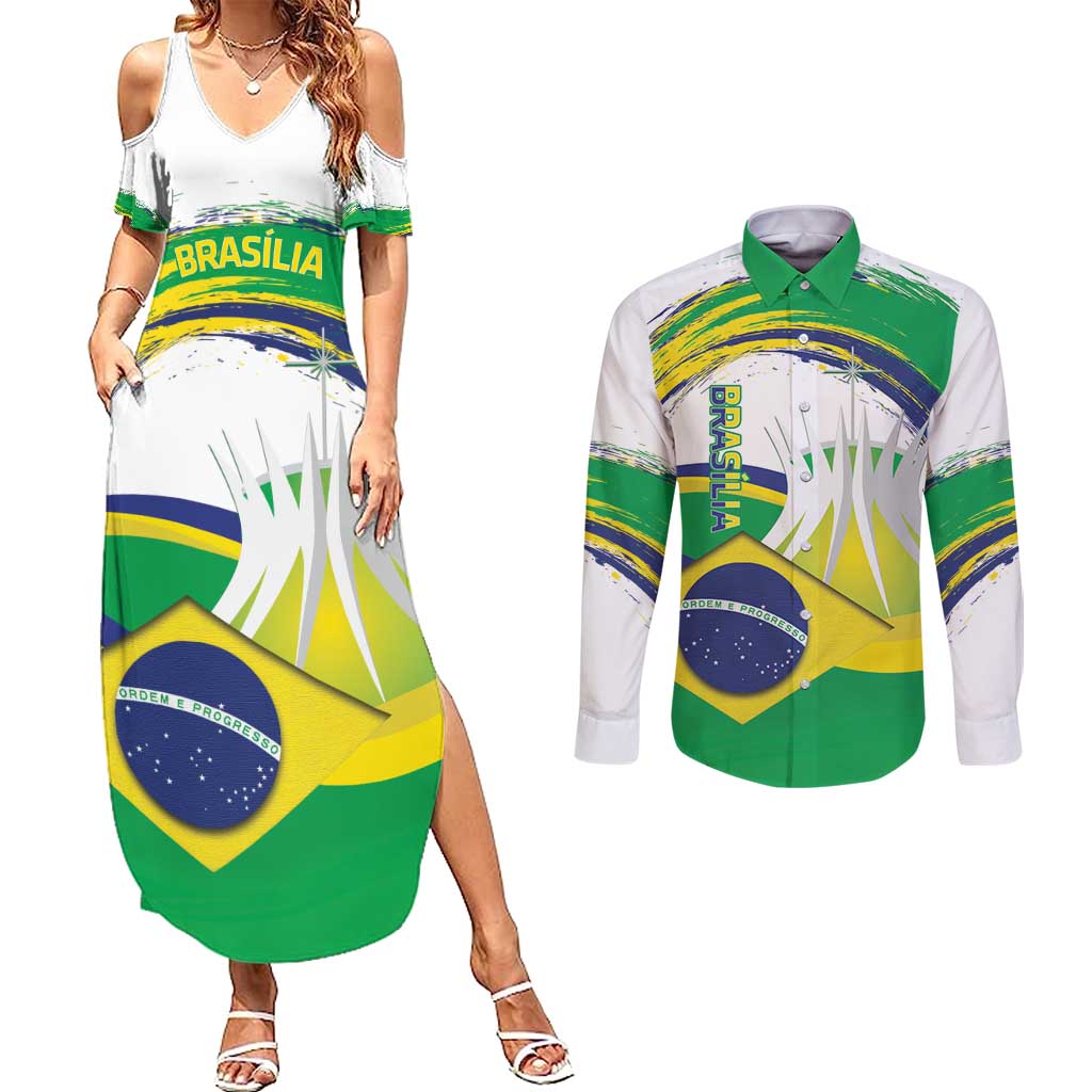 Brasilia Capital Couples Matching Summer Maxi Dress and Long Sleeve Button Shirt Brazil Flag Metropolitan Cathedral - Wonder Print Shop
