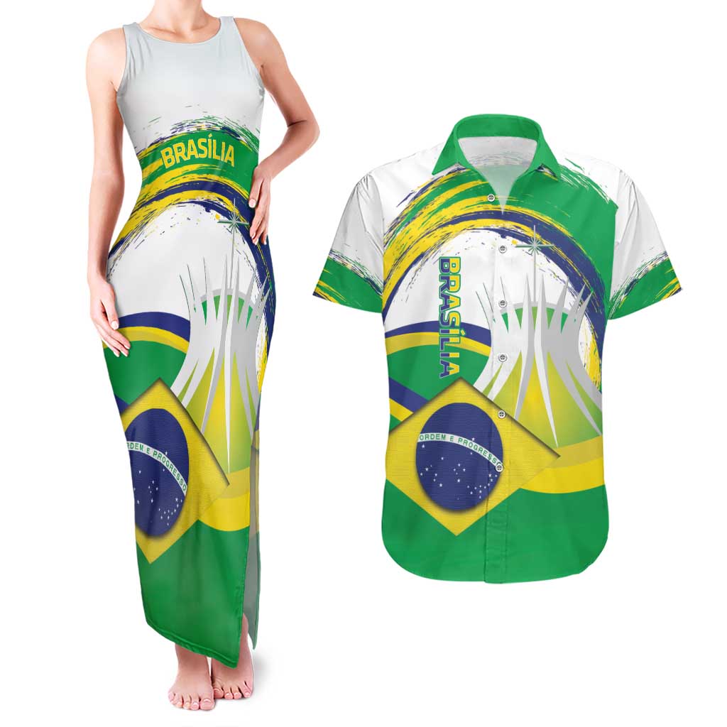 Brasilia Capital Couples Matching Tank Maxi Dress and Hawaiian Shirt Brazil Flag Metropolitan Cathedral - Wonder Print Shop