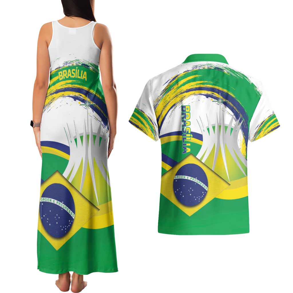 Brasilia Capital Couples Matching Tank Maxi Dress and Hawaiian Shirt Brazil Flag Metropolitan Cathedral - Wonder Print Shop