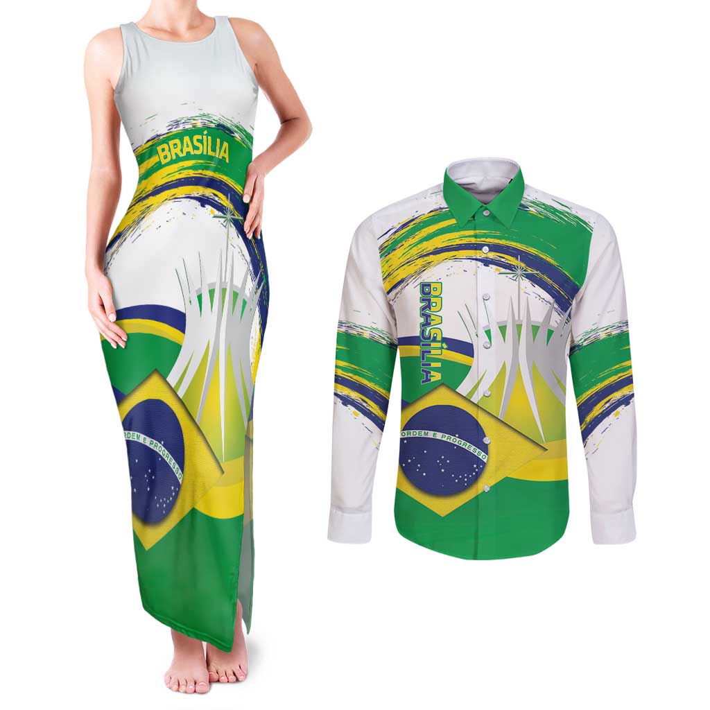 Brasilia Capital Couples Matching Tank Maxi Dress and Long Sleeve Button Shirt Brazil Flag Metropolitan Cathedral - Wonder Print Shop