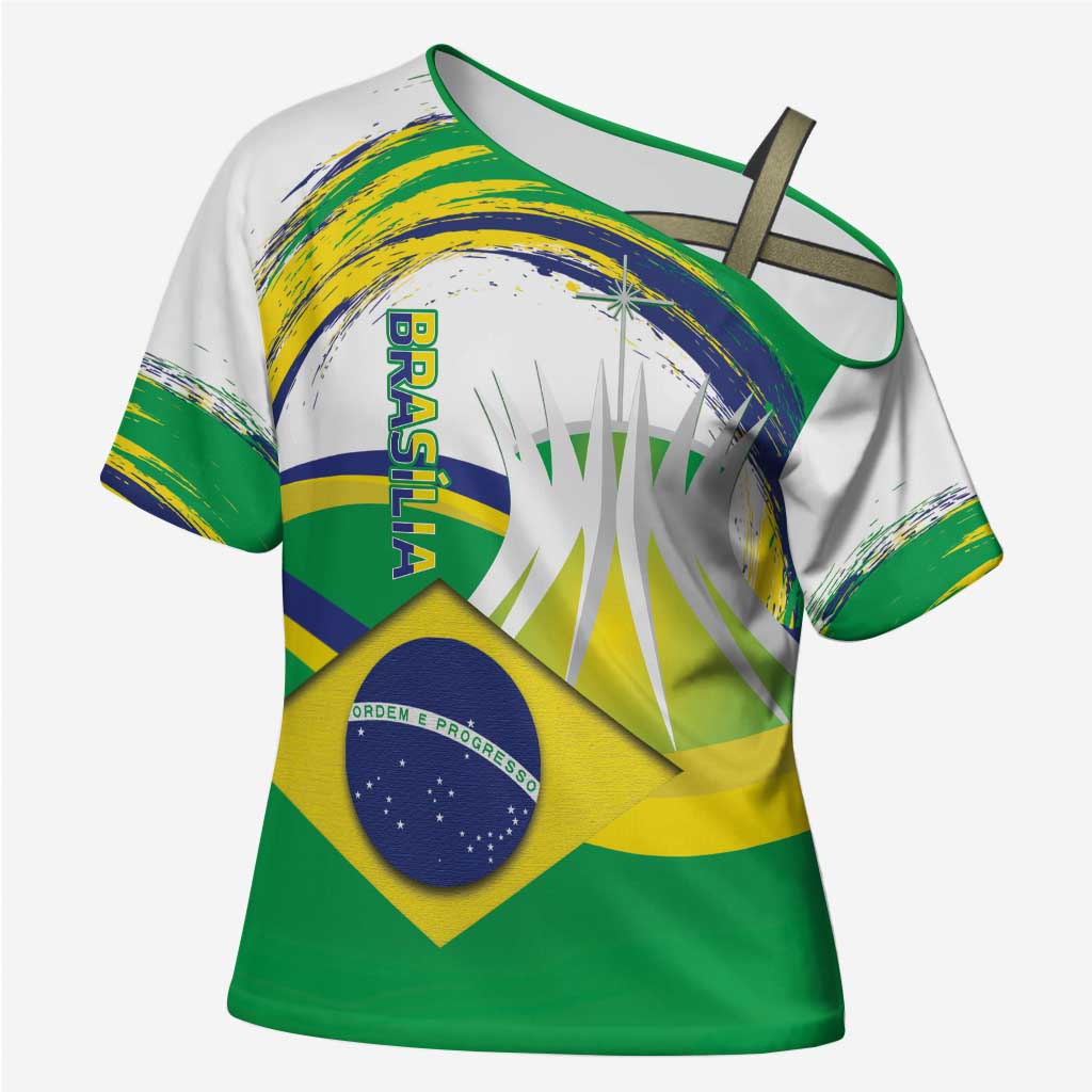 Brasilia Capital Cross Shoulder Shirt Brazil Flag Metropolitan Cathedral - Wonder Print Shop