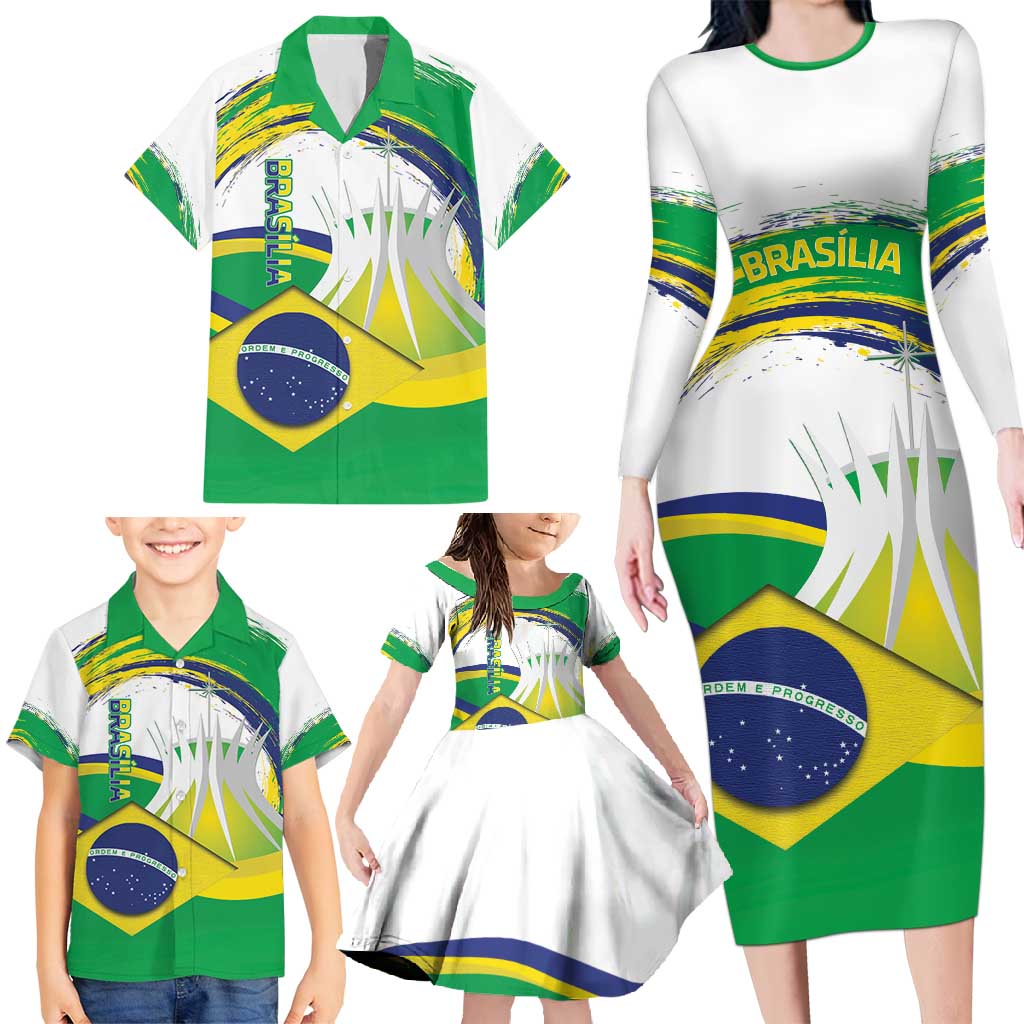 Brasilia Capital Family Matching Long Sleeve Bodycon Dress and Hawaiian Shirt Brazil Flag Metropolitan Cathedral - Wonder Print Shop