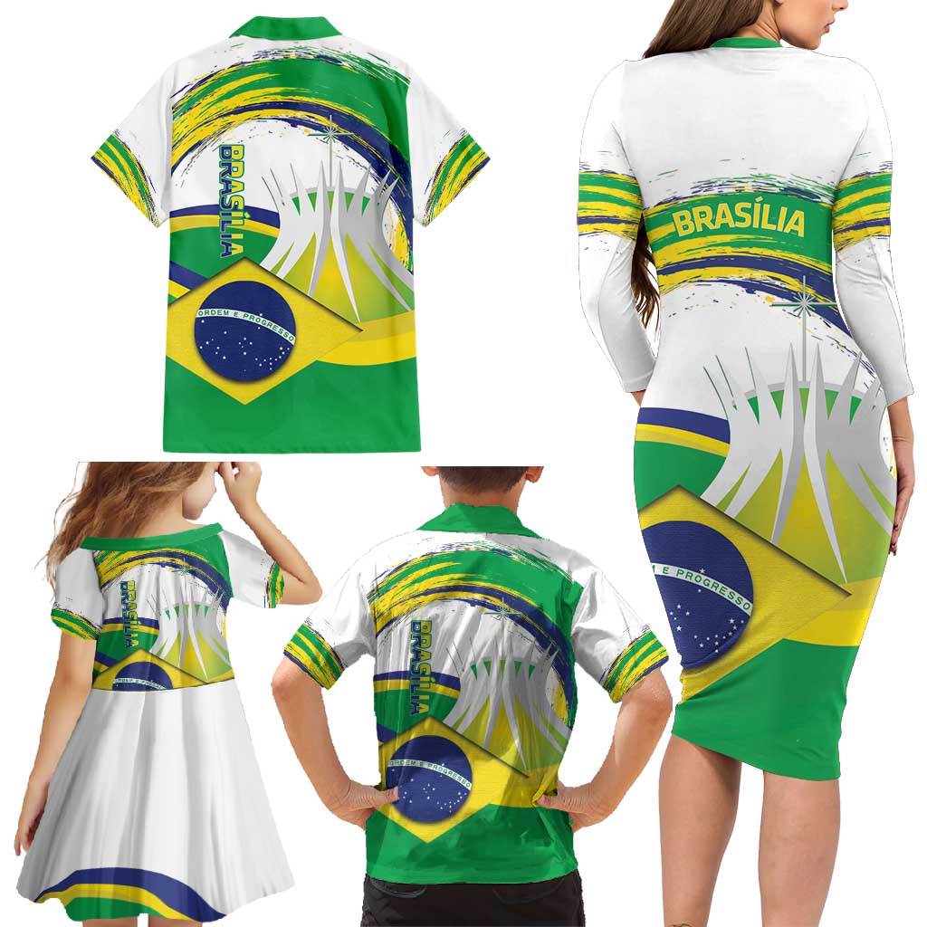 Brasilia Capital Family Matching Long Sleeve Bodycon Dress and Hawaiian Shirt Brazil Flag Metropolitan Cathedral - Wonder Print Shop