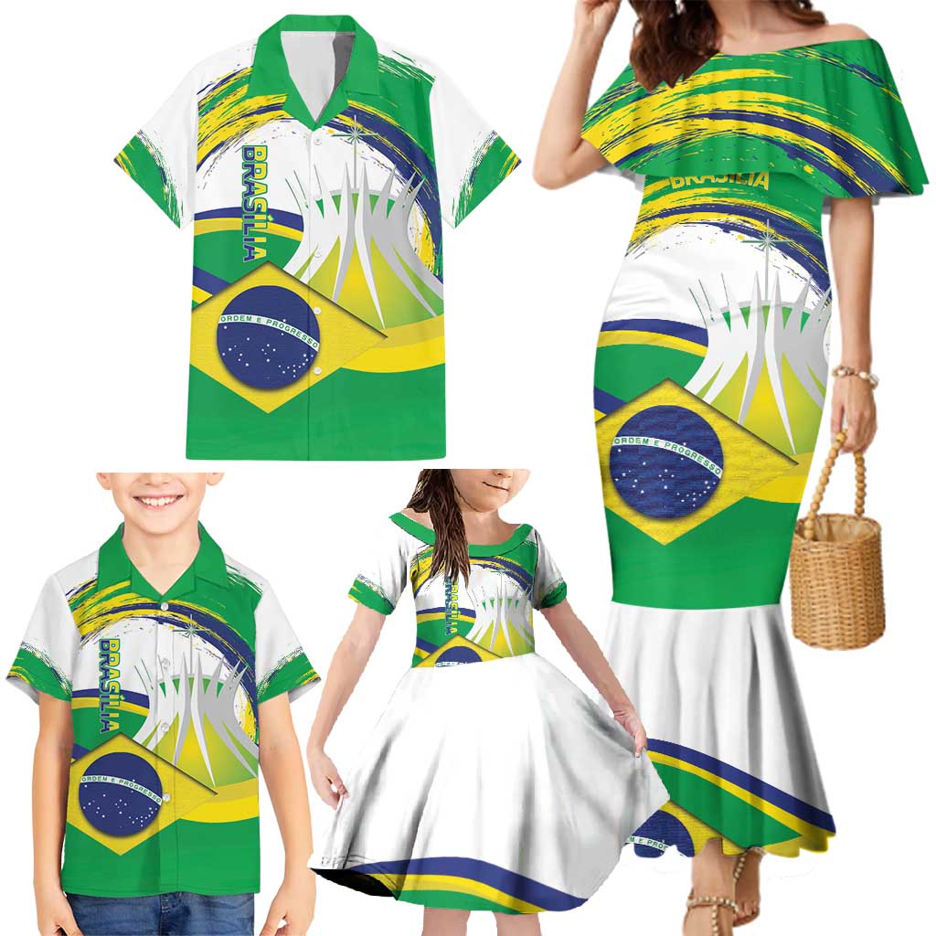 Brasilia Capital Family Matching Mermaid Dress and Hawaiian Shirt Brazil Flag Metropolitan Cathedral - Wonder Print Shop