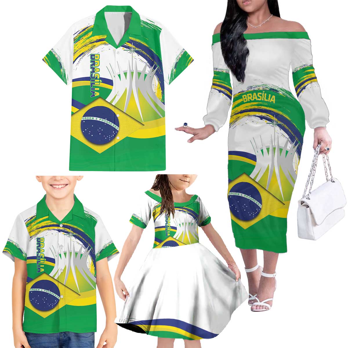 Brasilia Capital Family Matching Off The Shoulder Long Sleeve Dress and Hawaiian Shirt Brazil Flag Metropolitan Cathedral - Wonder Print Shop