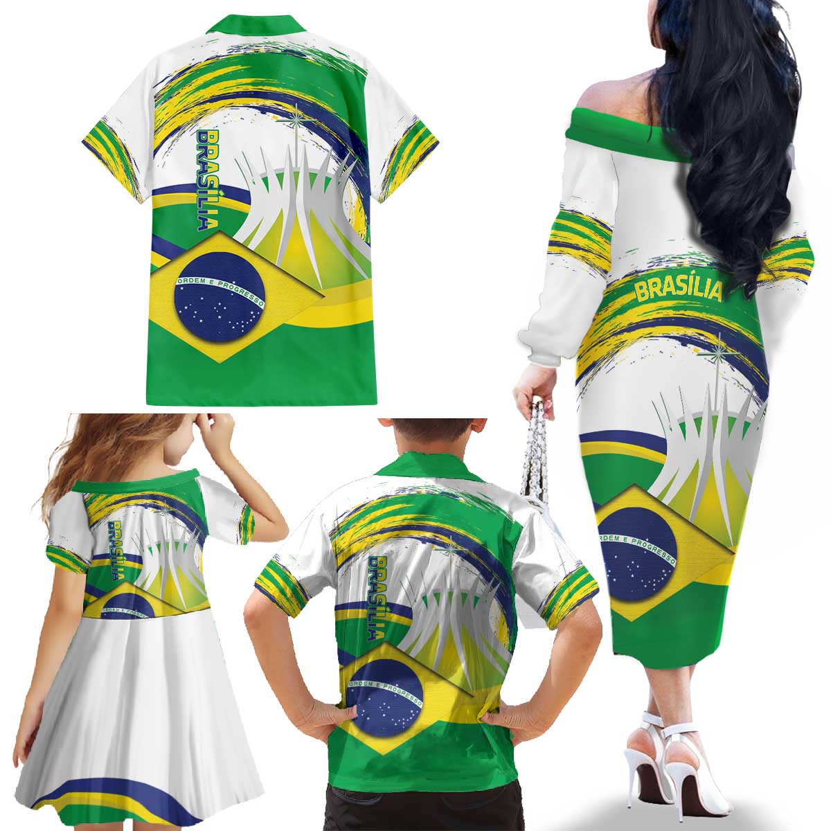 Brasilia Capital Family Matching Off The Shoulder Long Sleeve Dress and Hawaiian Shirt Brazil Flag Metropolitan Cathedral - Wonder Print Shop