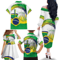 Brasilia Capital Family Matching Off The Shoulder Long Sleeve Dress and Hawaiian Shirt Brazil Flag Metropolitan Cathedral - Wonder Print Shop