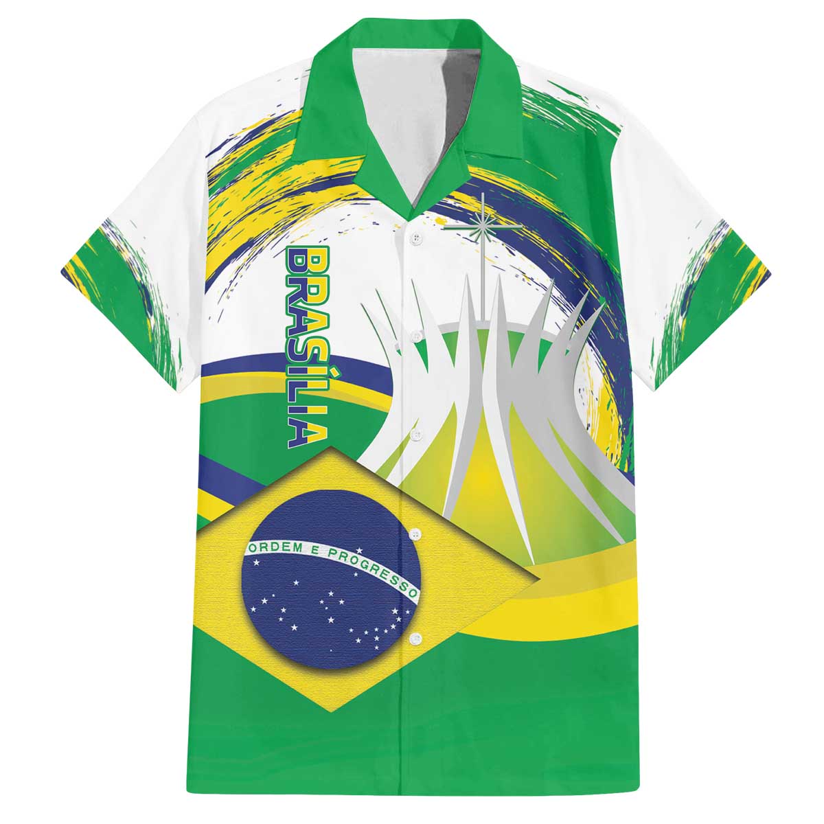 Brasilia Capital Family Matching Off The Shoulder Long Sleeve Dress and Hawaiian Shirt Brazil Flag Metropolitan Cathedral - Wonder Print Shop
