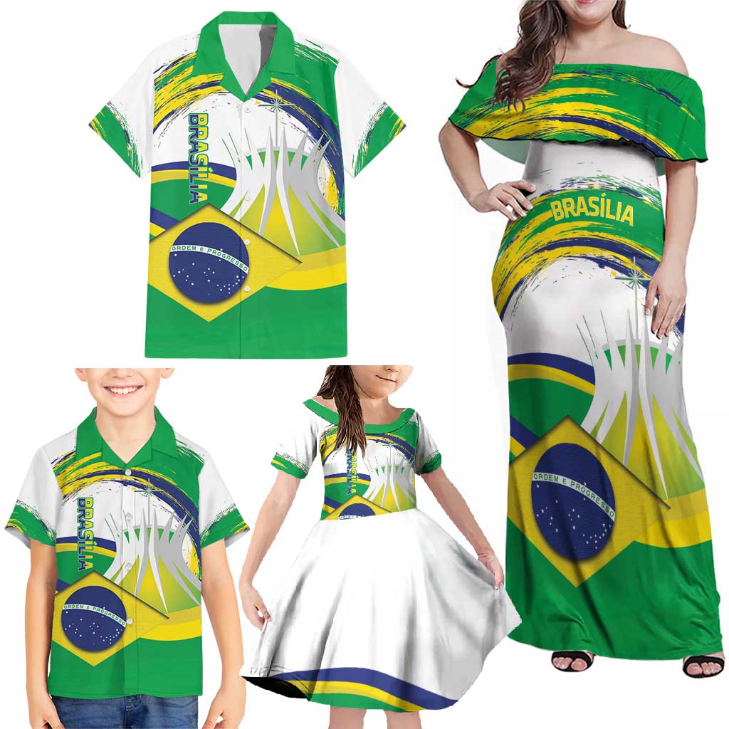 Brasilia Capital Family Matching Off Shoulder Maxi Dress and Hawaiian Shirt Brazil Flag Metropolitan Cathedral - Wonder Print Shop