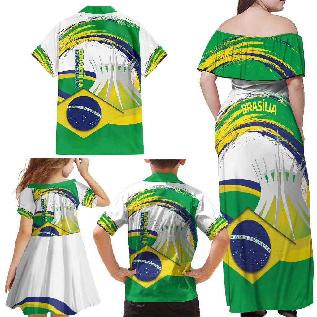 Brasilia Capital Family Matching Off Shoulder Maxi Dress and Hawaiian Shirt Brazil Flag Metropolitan Cathedral - Wonder Print Shop
