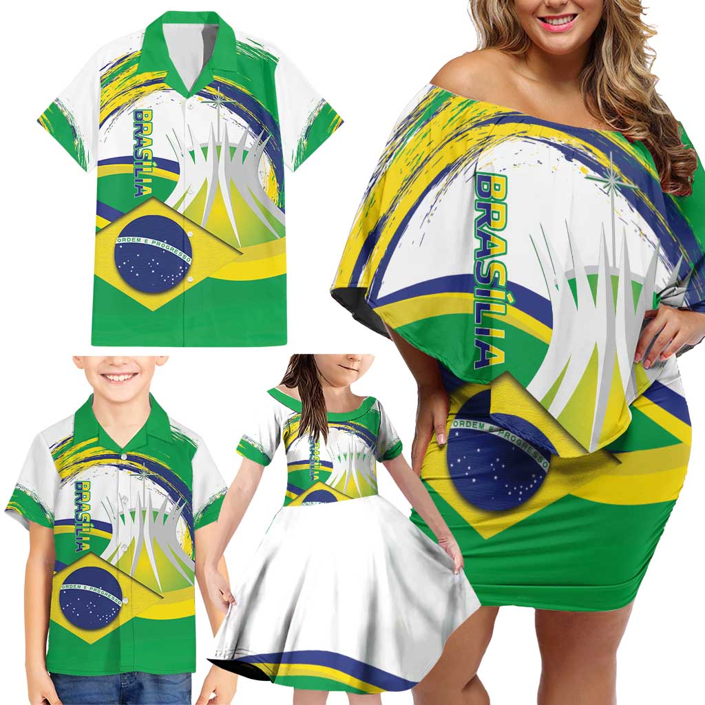 Brasilia Capital Family Matching Off Shoulder Short Dress and Hawaiian Shirt Brazil Flag Metropolitan Cathedral - Wonder Print Shop