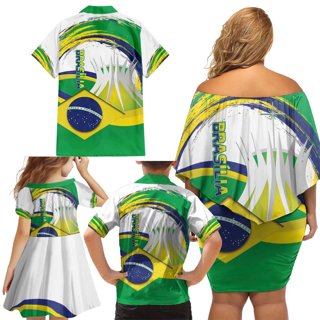 Brasilia Capital Family Matching Off Shoulder Short Dress and Hawaiian Shirt Brazil Flag Metropolitan Cathedral - Wonder Print Shop
