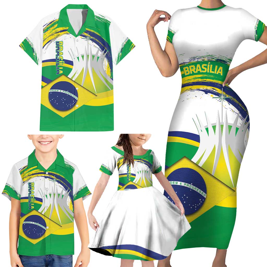 Brasilia Capital Family Matching Short Sleeve Bodycon Dress and Hawaiian Shirt Brazil Flag Metropolitan Cathedral - Wonder Print Shop