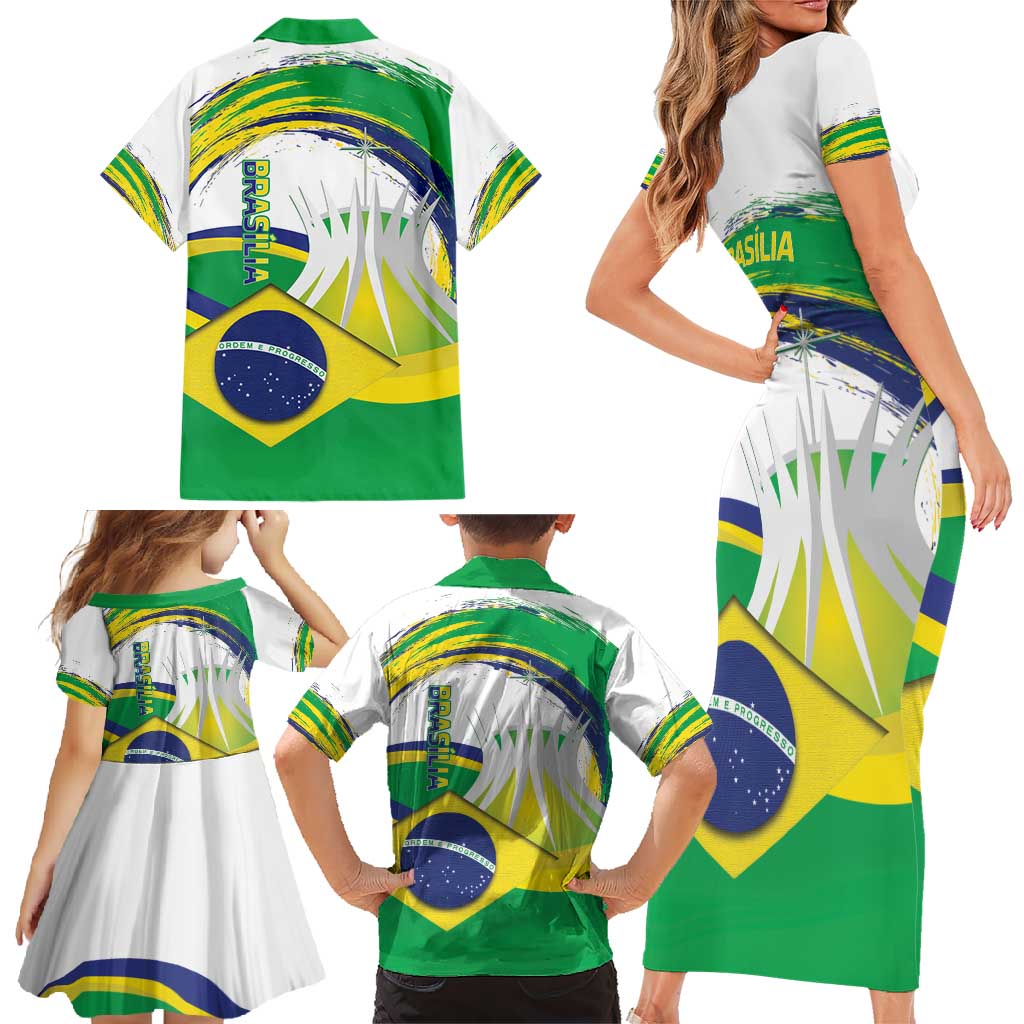 Brasilia Capital Family Matching Short Sleeve Bodycon Dress and Hawaiian Shirt Brazil Flag Metropolitan Cathedral - Wonder Print Shop