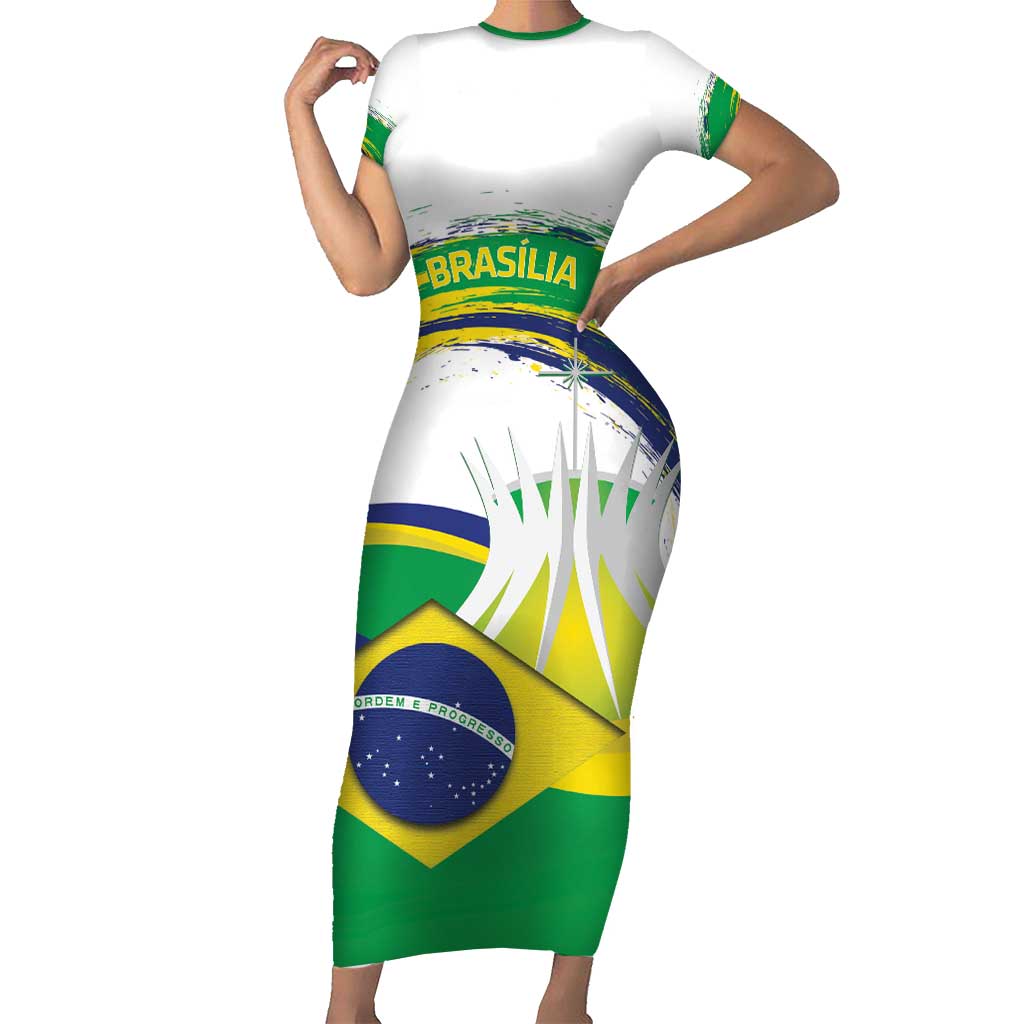 Brasilia Capital Family Matching Short Sleeve Bodycon Dress and Hawaiian Shirt Brazil Flag Metropolitan Cathedral - Wonder Print Shop