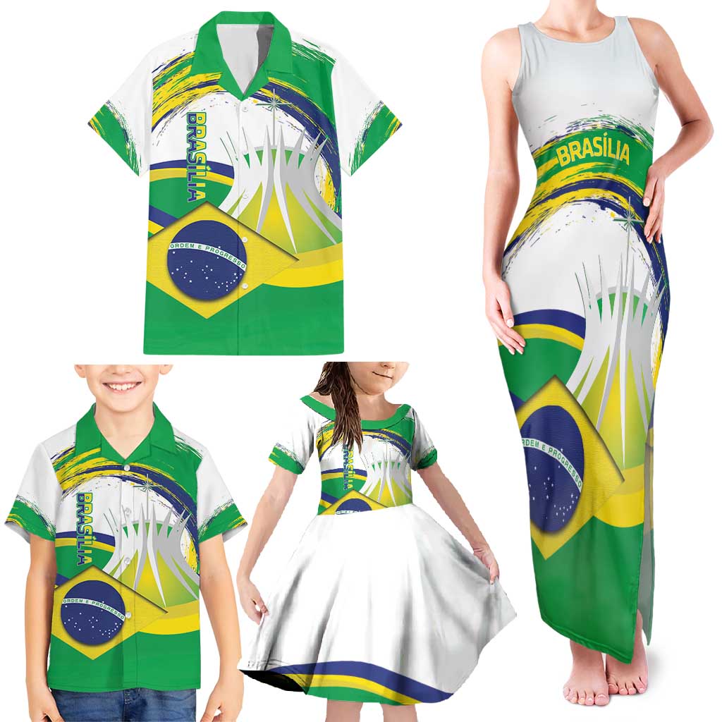 Brasilia Capital Family Matching Tank Maxi Dress and Hawaiian Shirt Brazil Flag Metropolitan Cathedral - Wonder Print Shop
