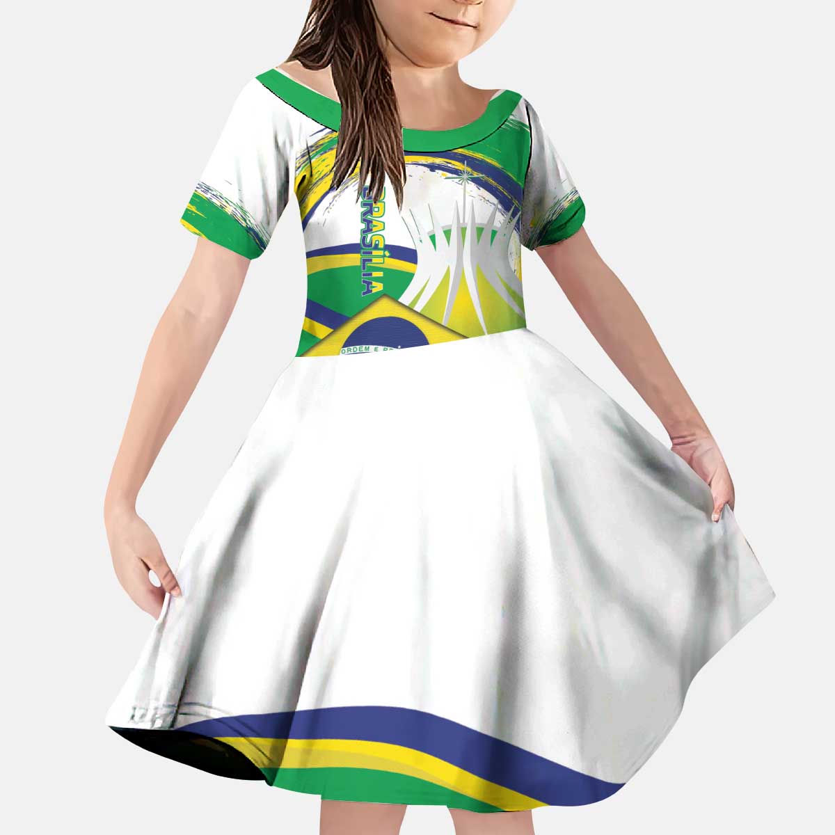 Brasilia Capital Kid Short Sleeve Dress Brazil Flag Metropolitan Cathedral - Wonder Print Shop