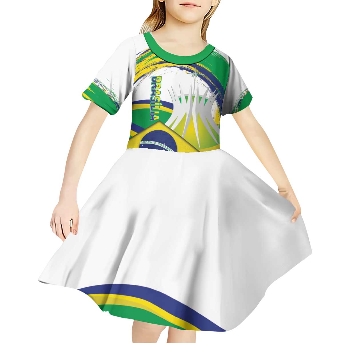 Brasilia Capital Kid Short Sleeve Dress Brazil Flag Metropolitan Cathedral - Wonder Print Shop