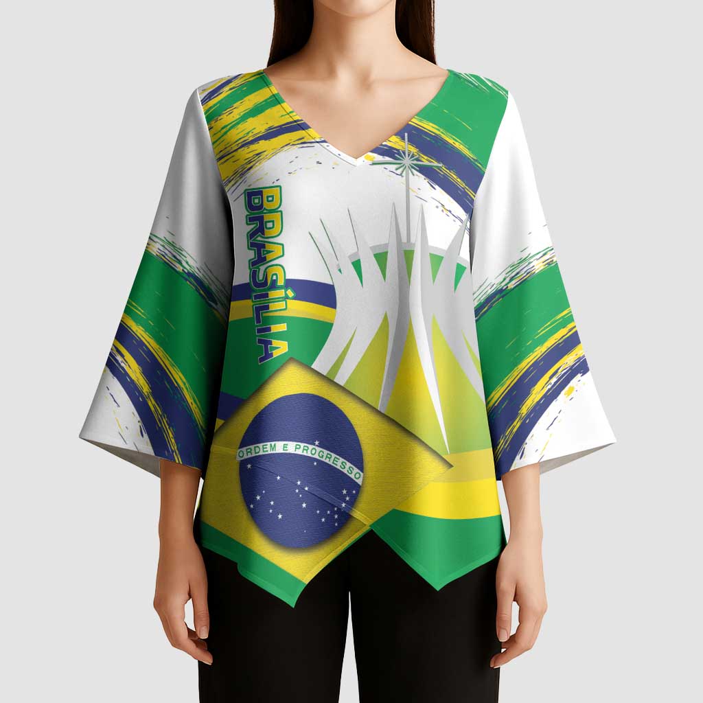 Brasilia Capital Kimono Sleeve Blouse Brazil Flag Metropolitan Cathedral - Wonder Print Shop