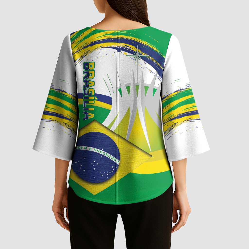 Brasilia Capital Kimono Sleeve Blouse Brazil Flag Metropolitan Cathedral - Wonder Print Shop