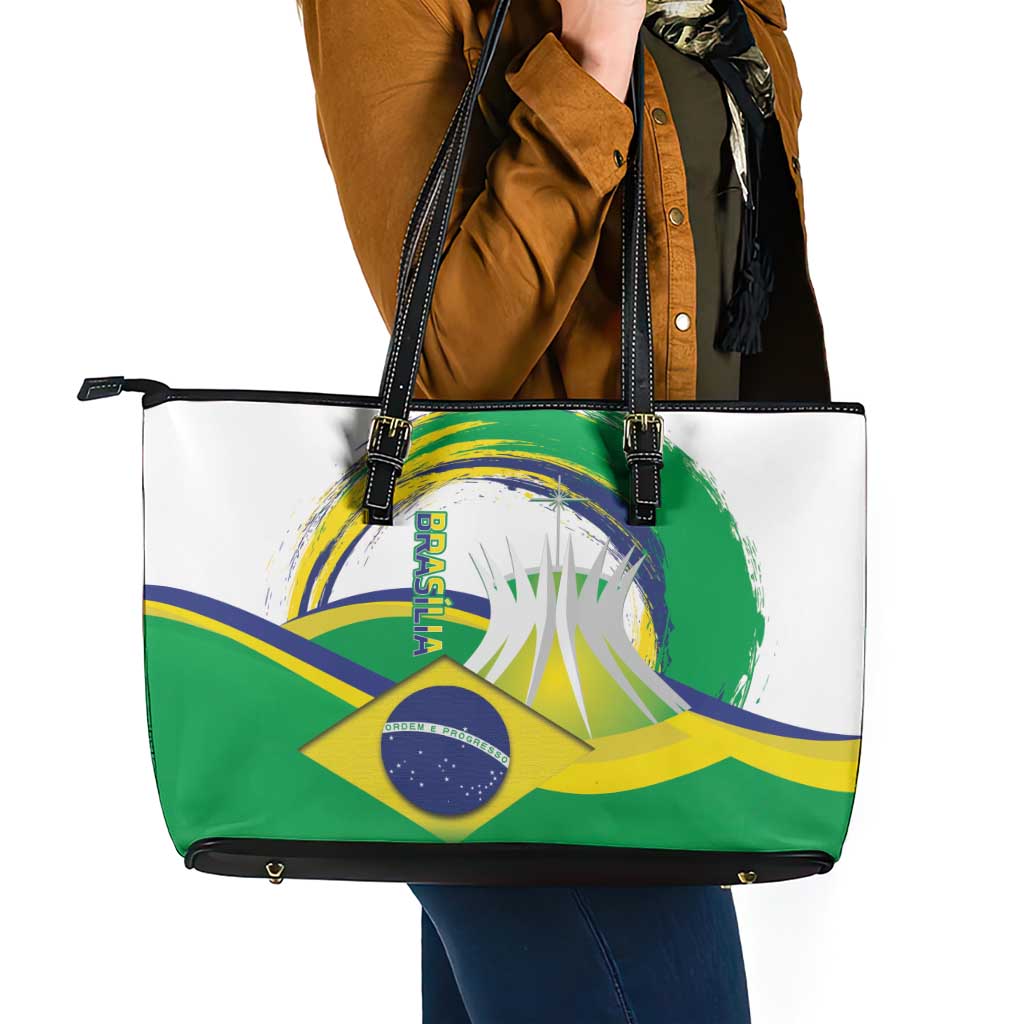 Brasilia Capital Leather Tote Bag Brazil Flag Metropolitan Cathedral - Wonder Print Shop