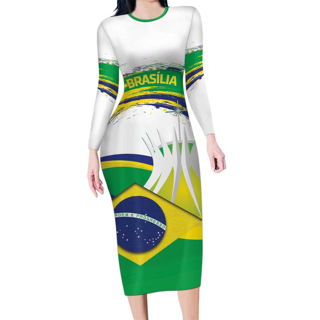 Brasilia Capital Long Sleeve Bodycon Dress Brazil Flag Metropolitan Cathedral - Wonder Print Shop