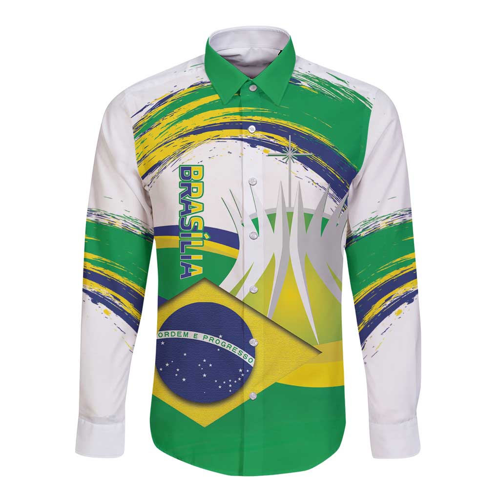 Brasilia Capital Long Sleeve Button Shirt Brazil Flag Metropolitan Cathedral - Wonder Print Shop