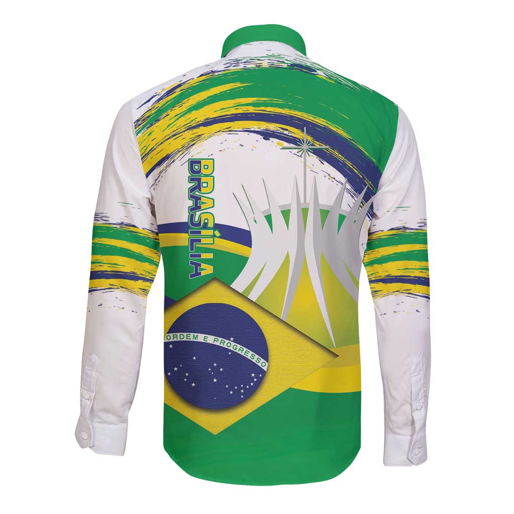 Brasilia Capital Long Sleeve Button Shirt Brazil Flag Metropolitan Cathedral - Wonder Print Shop