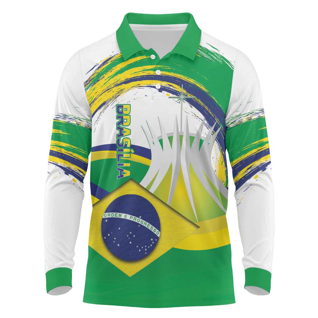Brasilia Capital Long Sleeve Polo Shirt Brazil Flag Metropolitan Cathedral - Wonder Print Shop