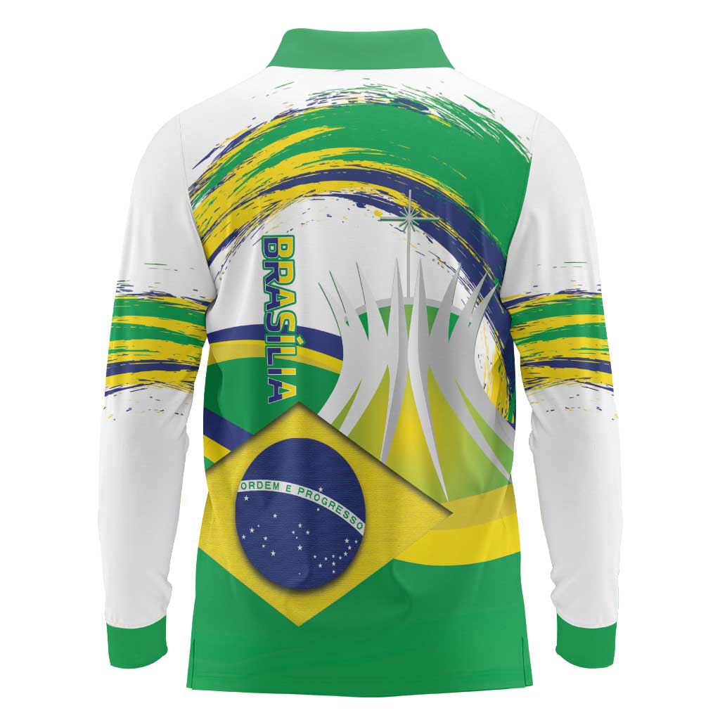 Brasilia Capital Long Sleeve Polo Shirt Brazil Flag Metropolitan Cathedral - Wonder Print Shop