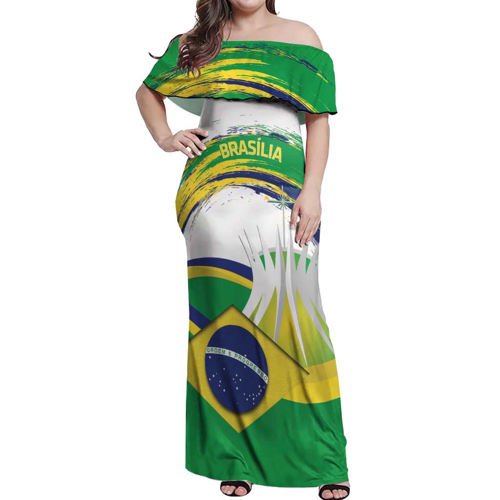 Brasilia Capital Off Shoulder Maxi Dress Brazil Flag Metropolitan Cathedral - Wonder Print Shop