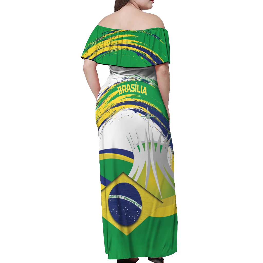 Brasilia Capital Off Shoulder Maxi Dress Brazil Flag Metropolitan Cathedral - Wonder Print Shop