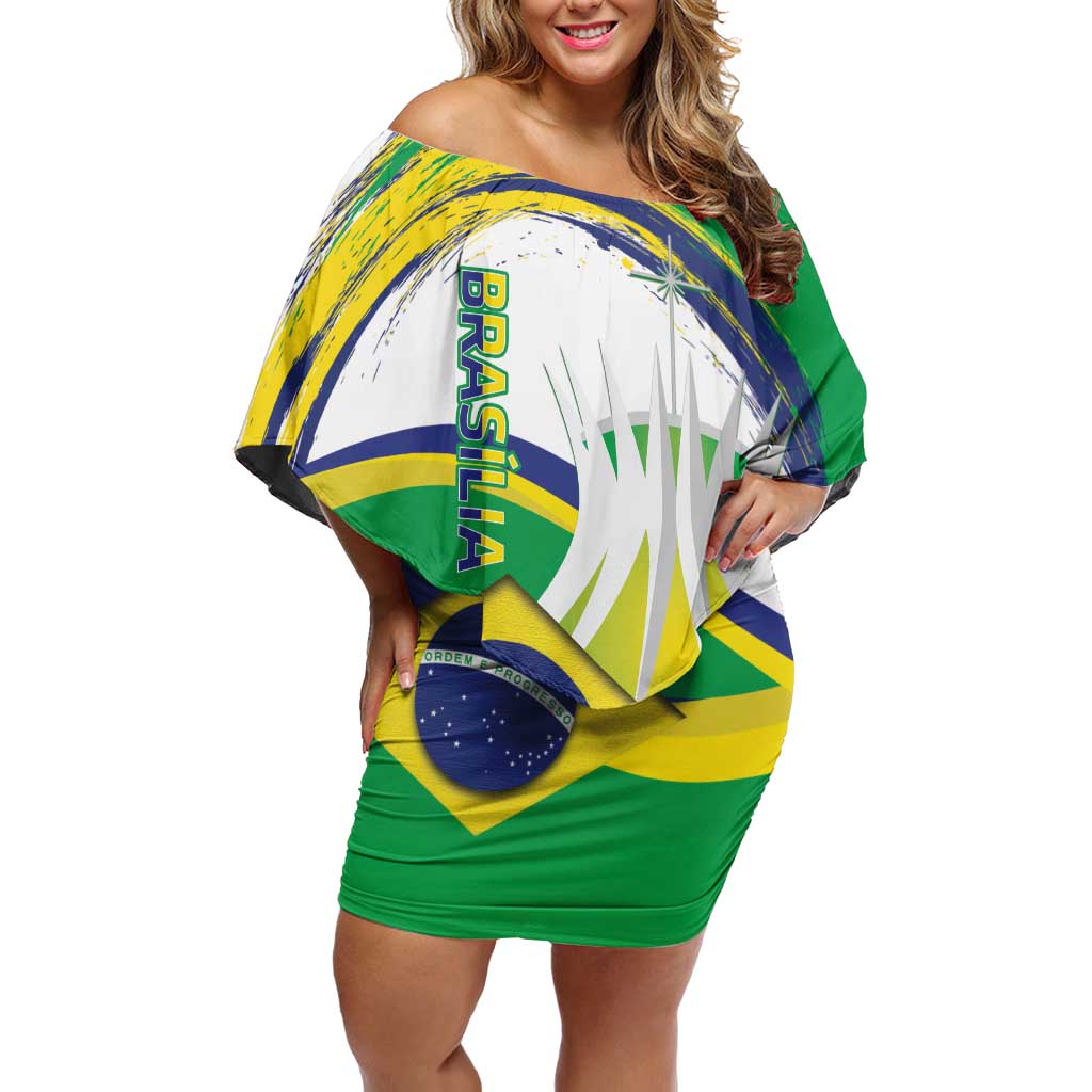 Brasilia Capital Off Shoulder Short Dress Brazil Flag Metropolitan Cathedral - Wonder Print Shop