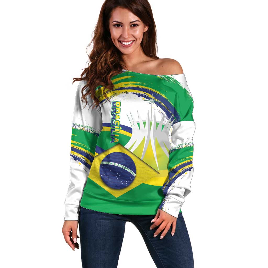 Brasilia Capital Off Shoulder Sweater Brazil Flag Metropolitan Cathedral - Wonder Print Shop