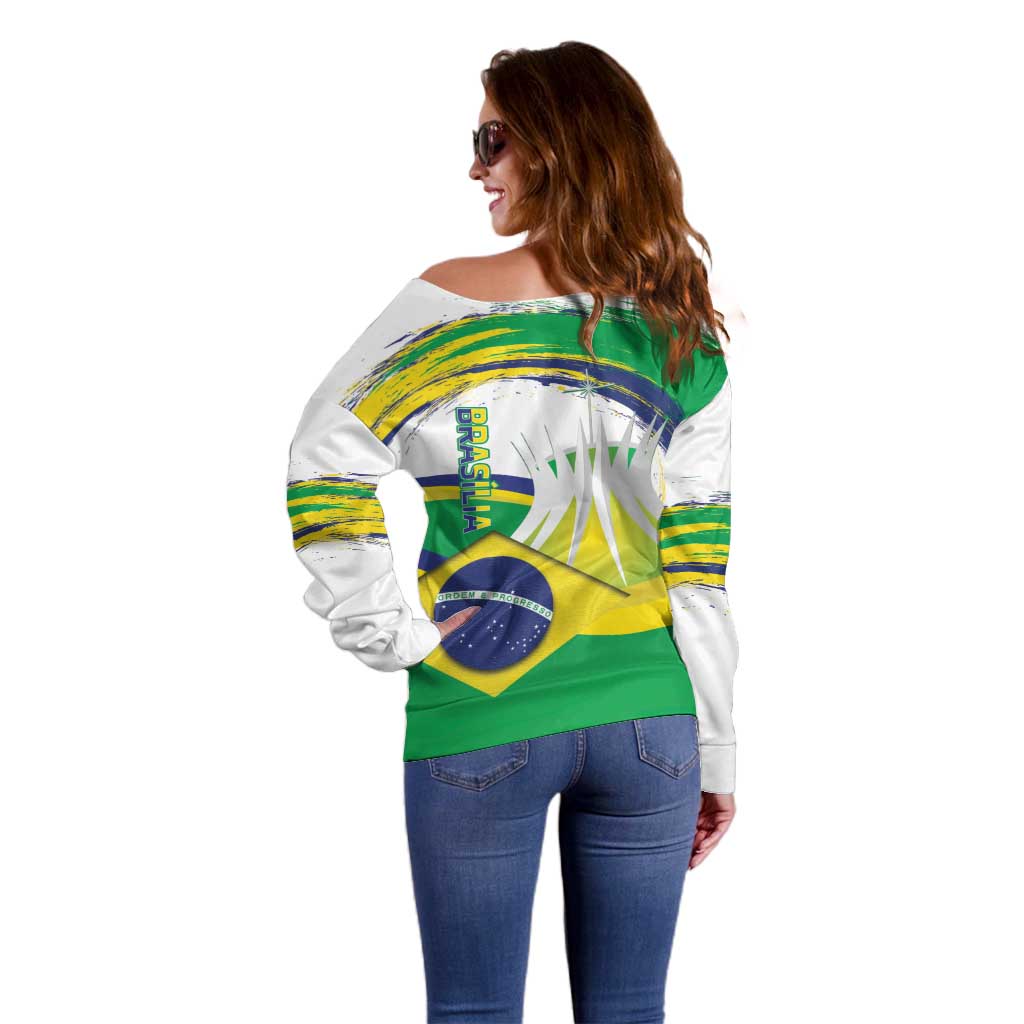 Brasilia Capital Off Shoulder Sweater Brazil Flag Metropolitan Cathedral - Wonder Print Shop