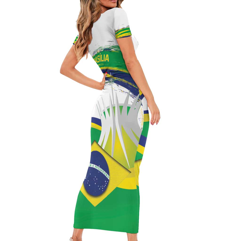 Brasilia Capital Short Sleeve Bodycon Dress Brazil Flag Metropolitan Cathedral - Wonder Print Shop