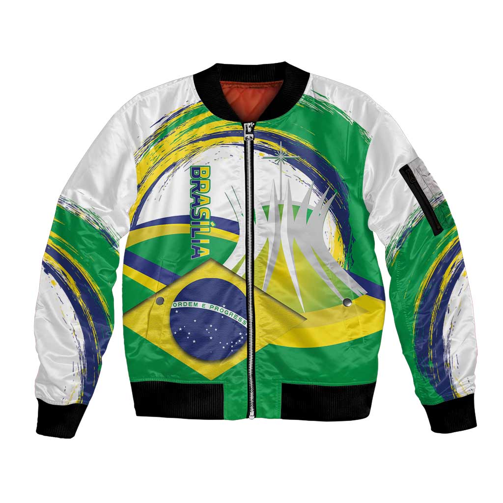 Brasilia Capital Sleeve Zip Bomber Jacket Brazil Flag Metropolitan Cathedral - Wonder Print Shop