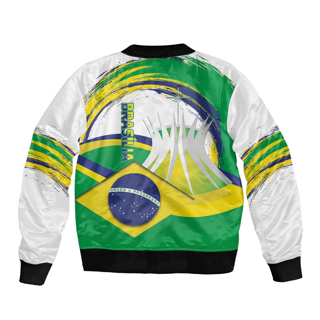 Brasilia Capital Sleeve Zip Bomber Jacket Brazil Flag Metropolitan Cathedral - Wonder Print Shop