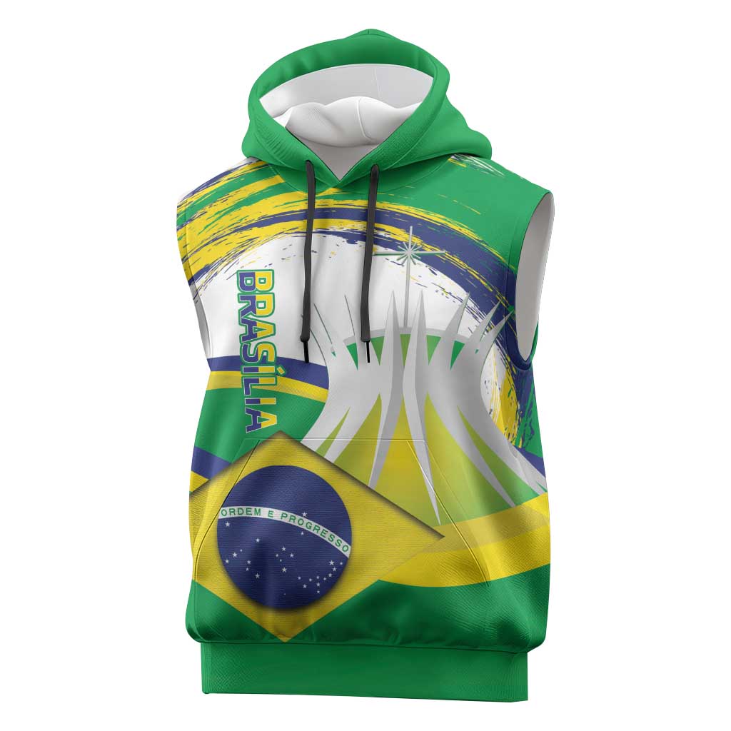 Brasilia Capital Sleeveless Hoodie Brazil Flag Metropolitan Cathedral - Wonder Print Shop