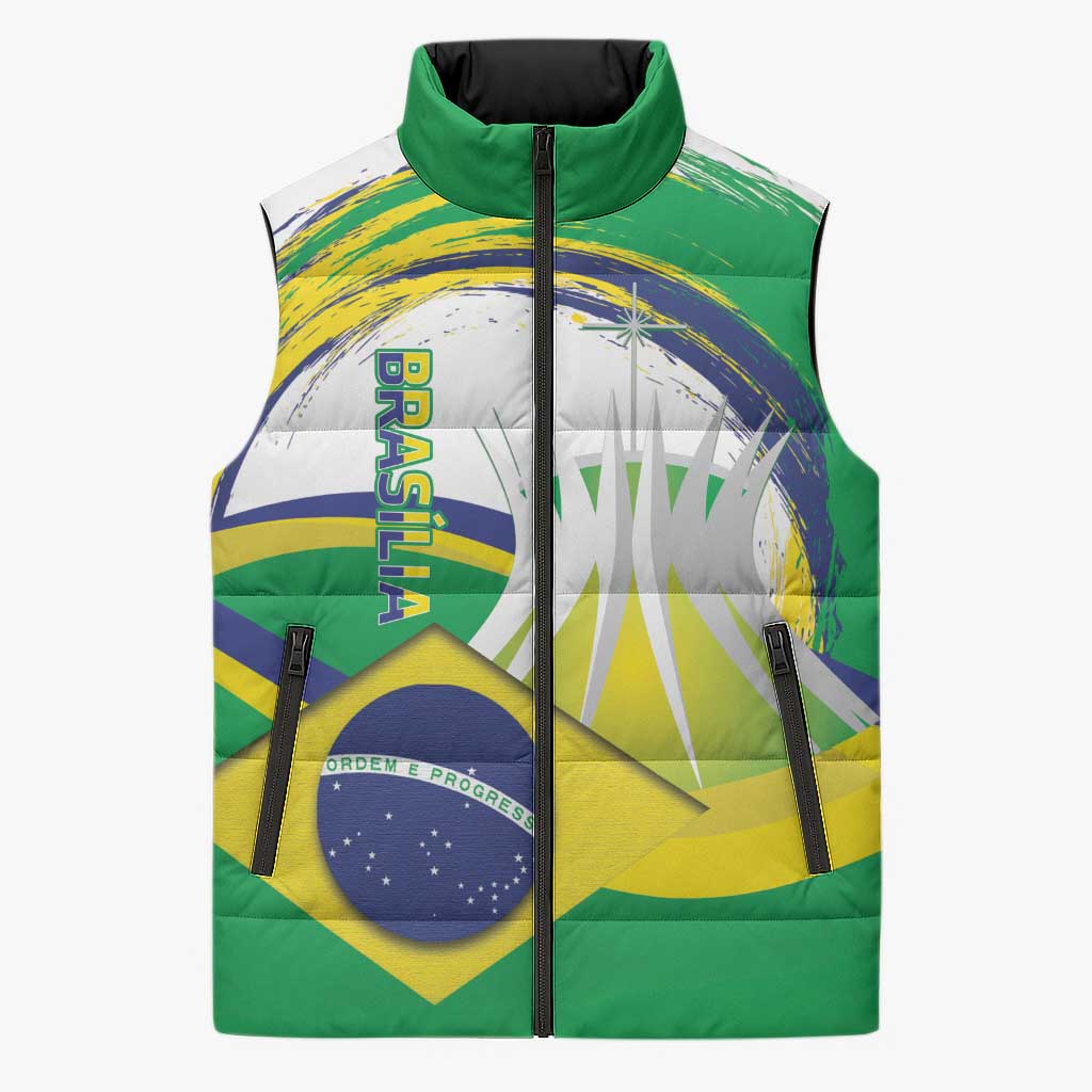 Brasilia Capital Sleeveless Puffer Jacket Brazil Flag Metropolitan Cathedral - Wonder Print Shop
