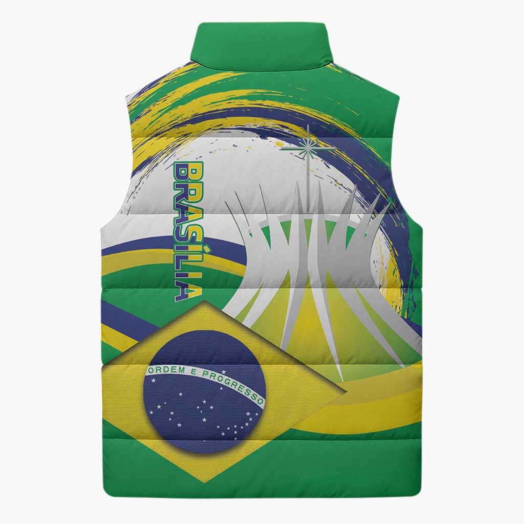 Brasilia Capital Sleeveless Puffer Jacket Brazil Flag Metropolitan Cathedral - Wonder Print Shop