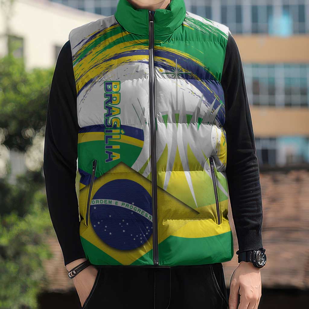 Brasilia Capital Sleeveless Puffer Jacket Brazil Flag Metropolitan Cathedral - Wonder Print Shop
