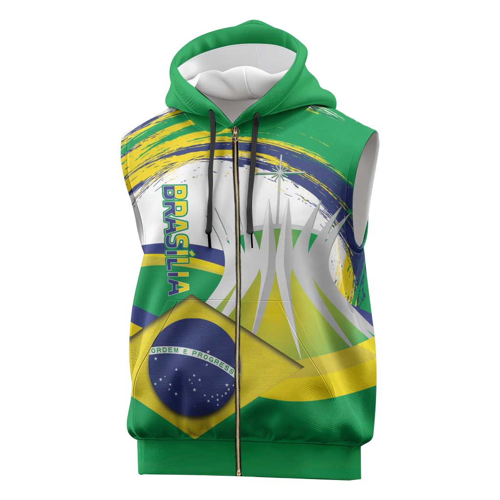 Brasilia Capital Sleeveless Zip Hoodie Brazil Flag Metropolitan Cathedral - Wonder Print Shop