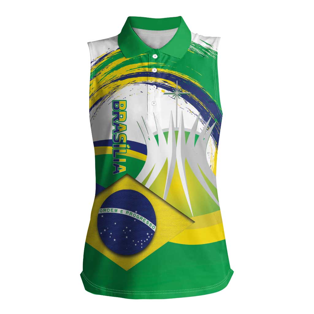 Brasilia Capital Women Sleeveless Polo Shirt Brazil Flag Metropolitan Cathedral - Wonder Print Shop